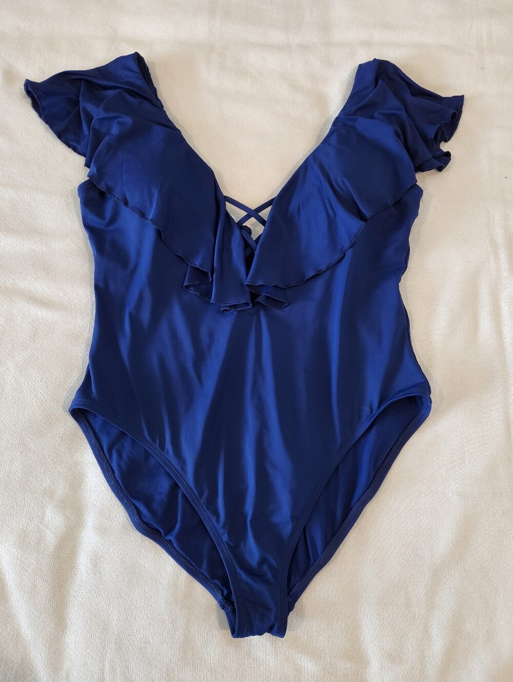 La Blanca Deep Blue Ruffle V-Neck One-Piece Swimsuit